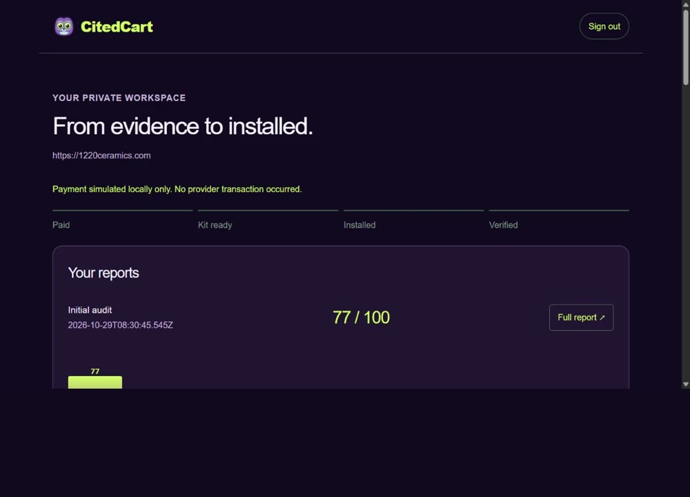 Illustrative workspace preview showing audit, kit and verification